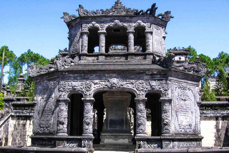 The Stele Pavilion stands as a cornerstone of Khai Dinh Tomb's narrative